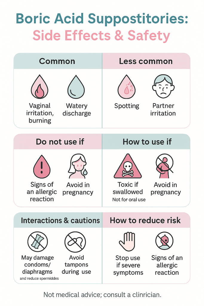 Infographic on boric acid suppositories side effects and safety, showing common issues like vaginal irritation and watery discharge, less common effects like spotting and partner irritation, cautions for pregnancy and oral use, interactions with condoms and tampons, and tips to reduce risk.