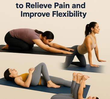 Collage of four women demonstrating lower back stretches including Child’s Pose, Cat-Cow, Knee-to-Chest, and Happy Baby Pose with title text above.
