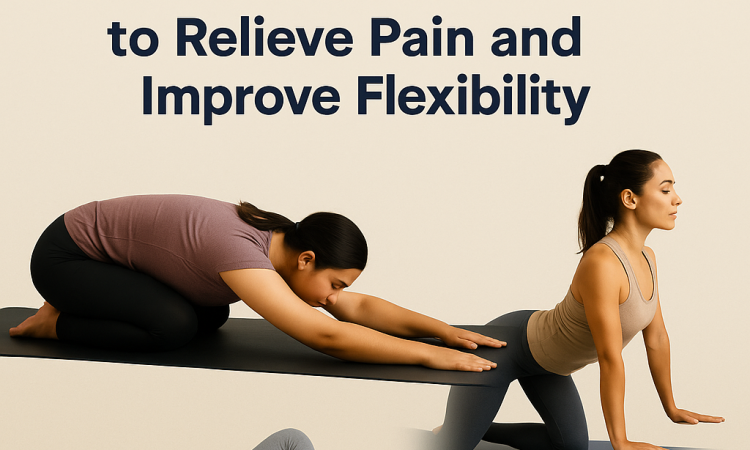 Collage of four women demonstrating lower back stretches including Child’s Pose, Cat-Cow, Knee-to-Chest, and Happy Baby Pose with title text above.